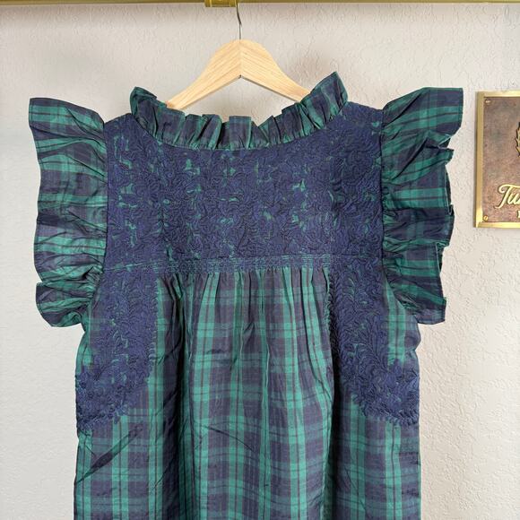 Women's J.Marie Green and Blue Plaid Embroidered Ruffle Sleeve Blouse Size S NEW - Picture 8 of 10